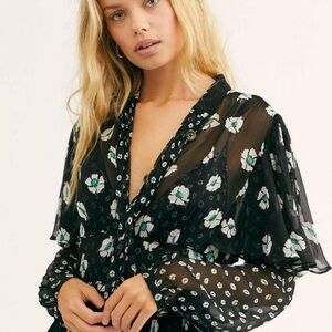 Free People totally sheer black‎ floral button up dress/coverup xs